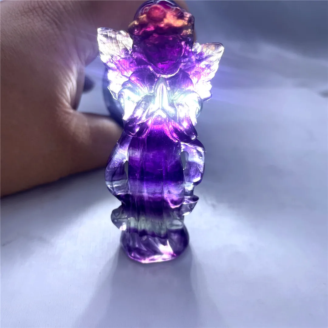 8cm Beautiful Color Fluorite Crystals Natural Quartz Carved Angel Figures Healing Reiki Stones Girl Gifts 2024