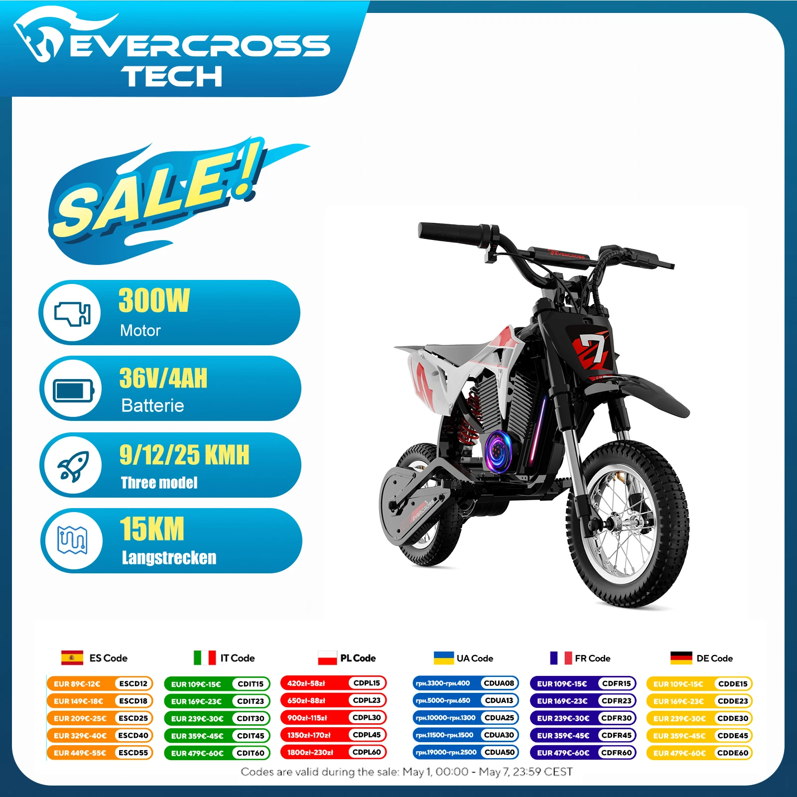 Moto Électrique pour Enfants EVERCROSS TECH EV12M Pro - 300W, 25 km/h, 15 km d'Autonomie, Bluetooth & LED, Pneus 12''