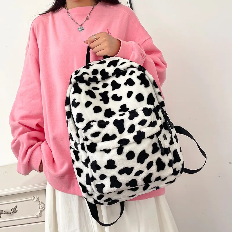 Women Fluffy Leopard Print Backpack Soft Faux Fur School Bag Casual Large Capacity Travel Rucksack for Girls
