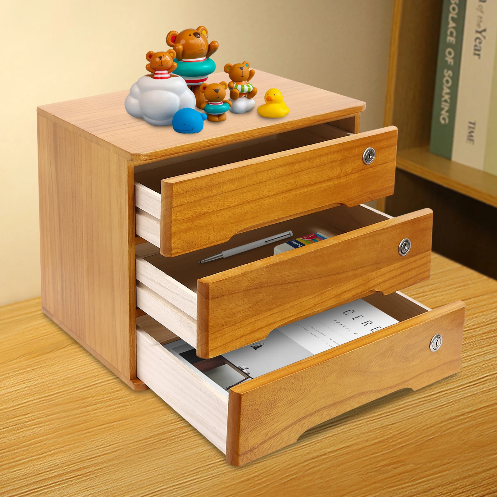 

NEWEST 3-Tier Storage Box with Lockable Drawer, Wooden Desk Organizer, 39 X 30 X 31 Cm (Wood)
