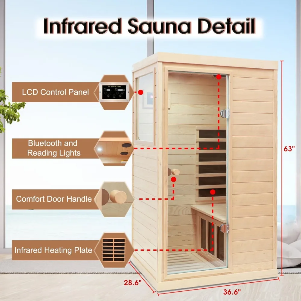 Infrared Sauna, 1 Person Far Infrared Sauna for Home, with 1050W Indoor Sauna, Low EMF Heaters, 2 Bluetooth Speakers