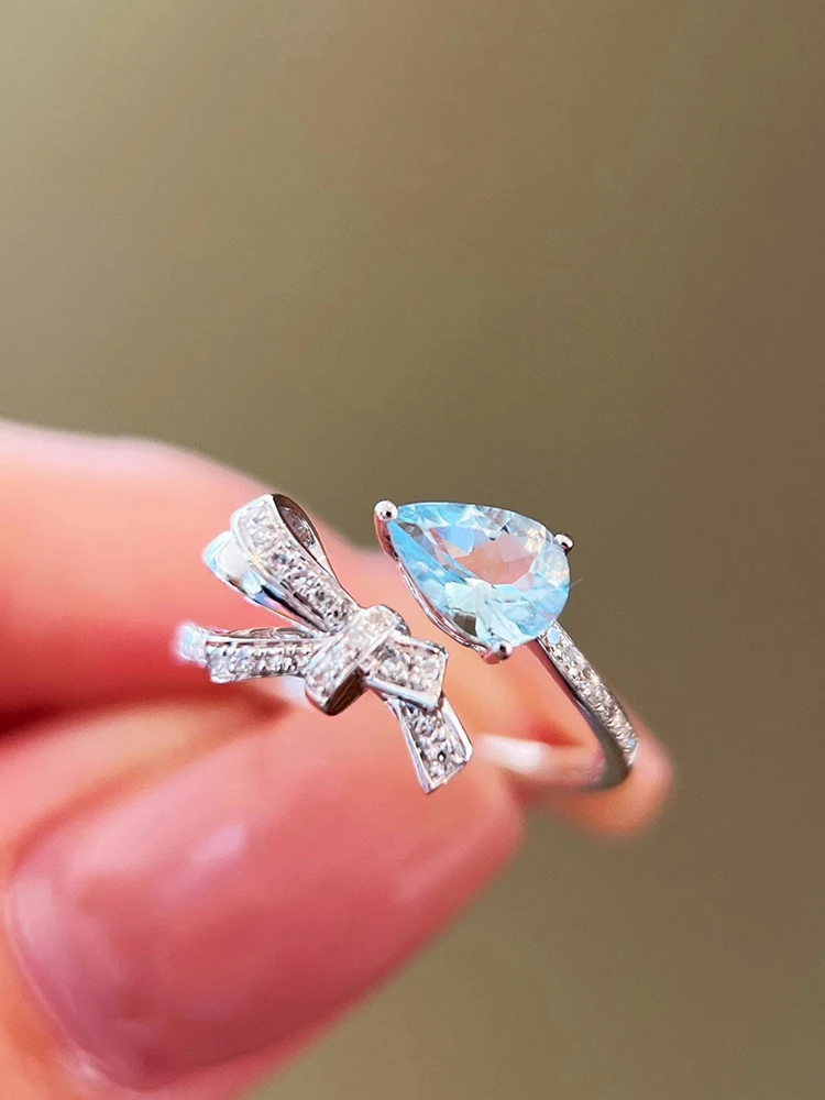 

S925 Sterling Silver Women's Ring Bow Drop Blue Zirconia Elegant Opening Adjustable Women Jewelry Daily Wear Holiday Party Gifts