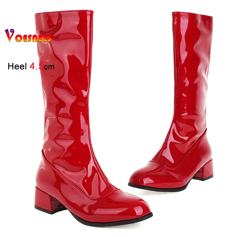 2025 Autumn Winter Red Women's Knight Boots Block Heels 4.5cm Side Zipper Soft Patent Leather Shoes Round Head Ladies Long Boots
