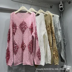 Spring Autumn Women Diamonds Grids Sequins Knitted Sweater Luxury Hollowed Out Plaids Croheted Pullovers Knitwear Jumpers Tops