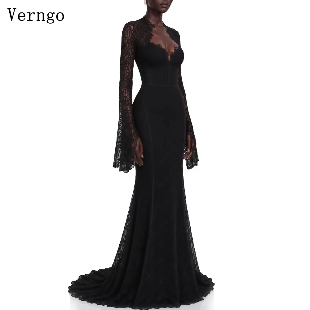 Verngo Luxury Black Lace Prom Dress Sweetheart Full Sleeves Mermaid Evening Dress Sweep Train Modern Party Dress Customized