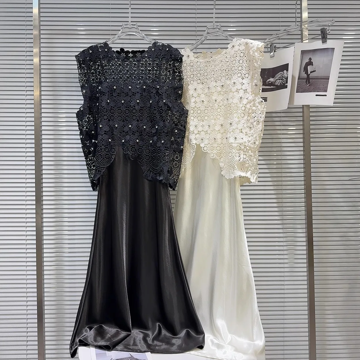 Conjunto de Vestido e Colete com Renda de Diamante Vazada da Moda Verão 2025 para Mulheres, Vestido de Manga Longa com Gola R...