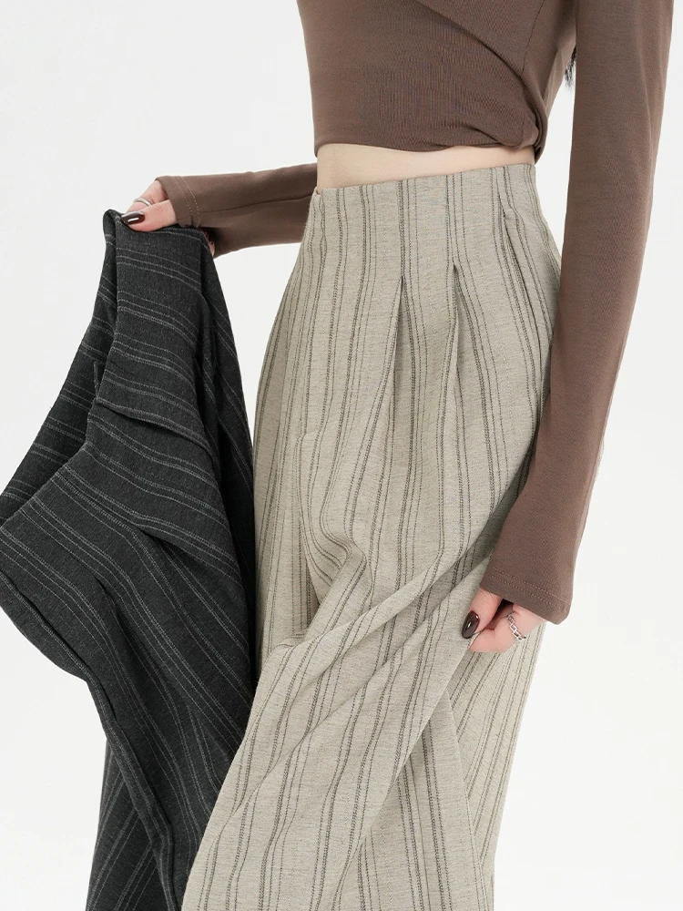 

Женские льняные брюки с высокой талией, прямые, широкие, струящиеся, в полоску, в стиле Ямамото, для весны и осени