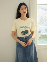 DUSHU Classic Retro Letter Print Women Summer Beige T-shirts Round Neck Front Shoulder Loose Brown Female Tees 24DS82505