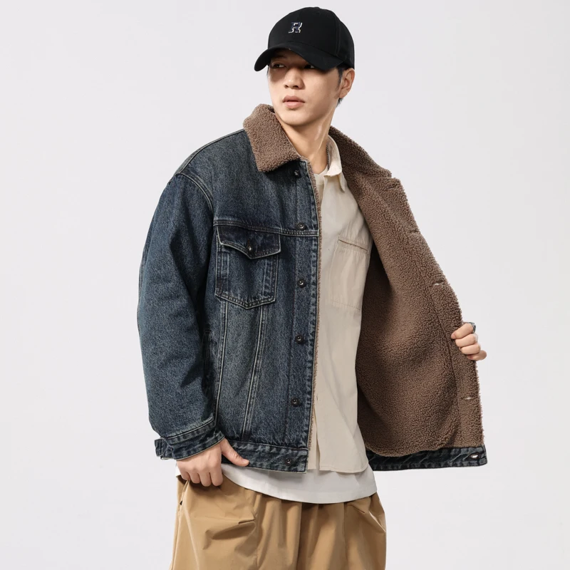 Autumn Winter Thicken Denim Jacket Men Faux Fur Liner Fashion Loose Casual Plus Size Denim Jackets Cityboy Jeans Coat Outerwear