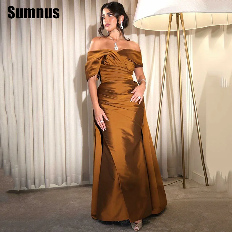 

Sumnus Simple Mermaid Evening Dresses Off Shoulder Pleats Floor Length Prom Dresses فساتين سهرة Customized