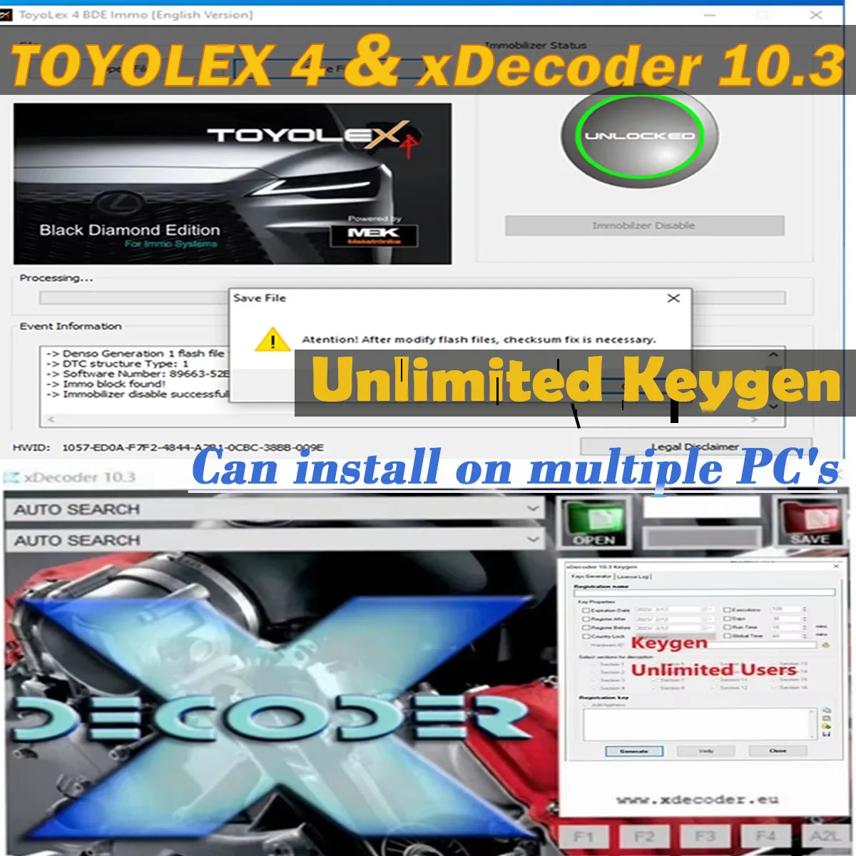 2024 New Toyolex4 Toyolex 4 for Denso for Lexus & XDecoder 10.3 Unlimited Keygen Install support win7/10 DTC Remover DTC OFF