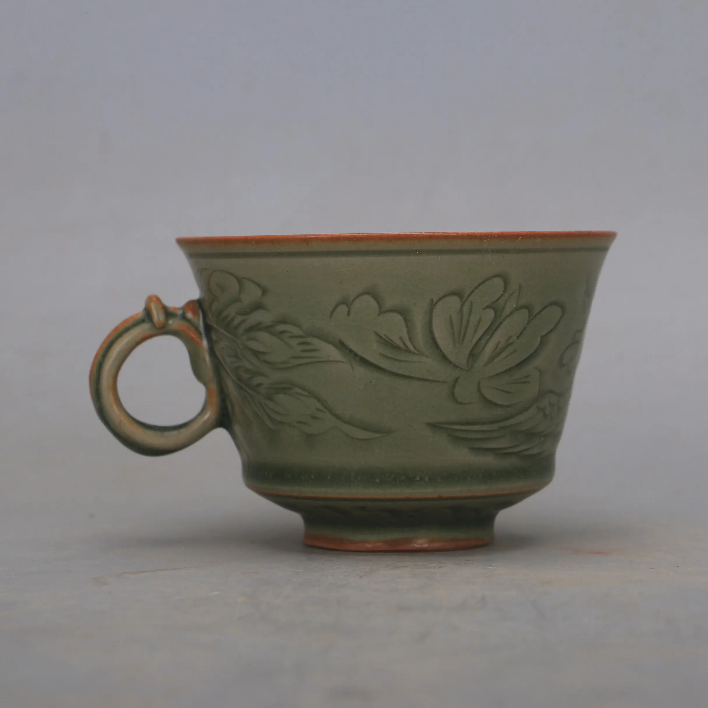 Yaozhou Ware Style Celadon Handmade Carved Phoenix Peony Tea Cup Set Chinese Antique Home Decor Gift