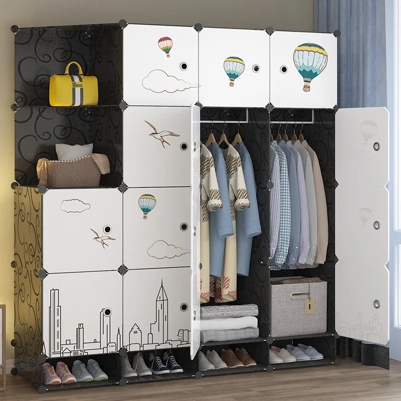 Simple wardrobe assembly, household bedroom hanging storage cabinet, storage cabinet, rental room plastic cloth wardrobe