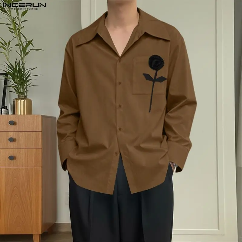 

INCERUN Мужская рубашка с цветочным принтом в стиле пэчворк, с лацканами и длинными рукавами, свободная мужская одежда, уличная одежда, 2026, модные повседневные топы, мужские рубашки S-5XL