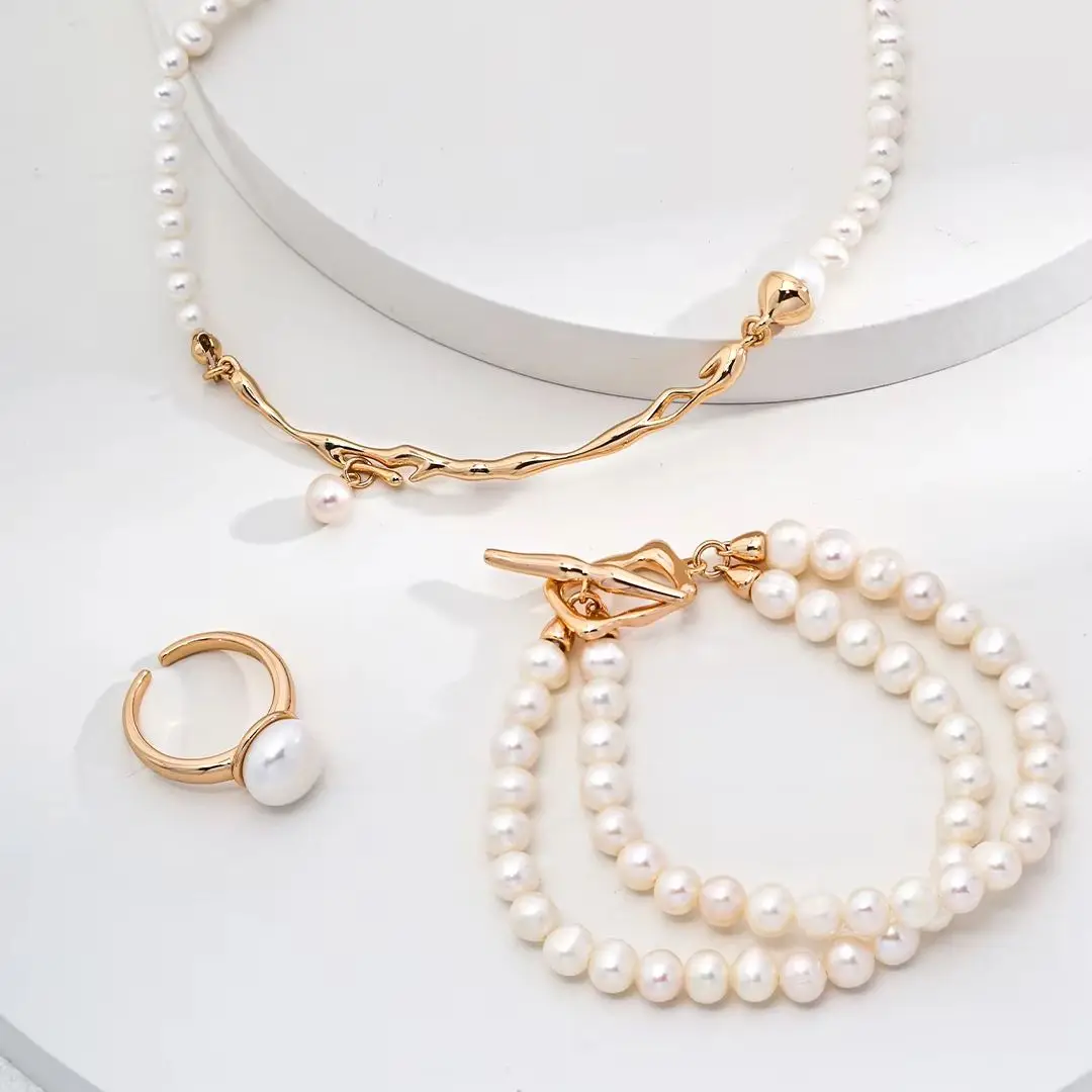 VOBIPY 925 Sterling Silver Natural Freshwater Pearl Bracelet Personality Pearl Double Bracelet Women\'s Party Wedding  Jewelry