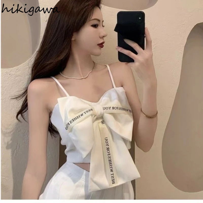 Sweet Bow Crop Tops Female 2023 Women\'s Clothing Sling Slim Waist Tank Korean Y2k Top Summer Sexy Club Camis Ropa Mujer 27f376