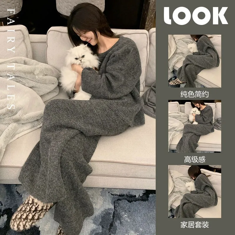 Solid Color Chenille Velvet Women's Plush Winter Warm Lined Casual knitwear Loose Simple Pajamas Homewear Pants Set