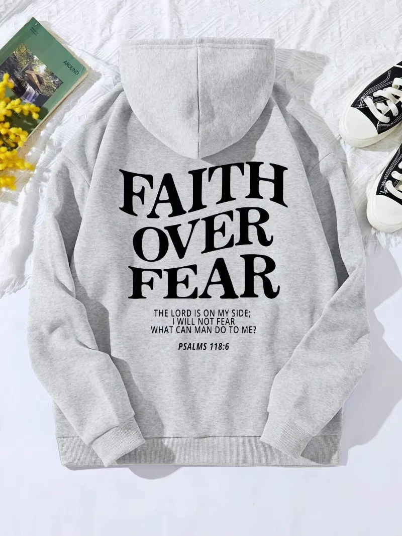 Women's Casual Faith Over Fear Letter Print Hoodie Fleece Warm Comfortable Pocket Pullover Sweatshirt Loose Oversized Hot Sale