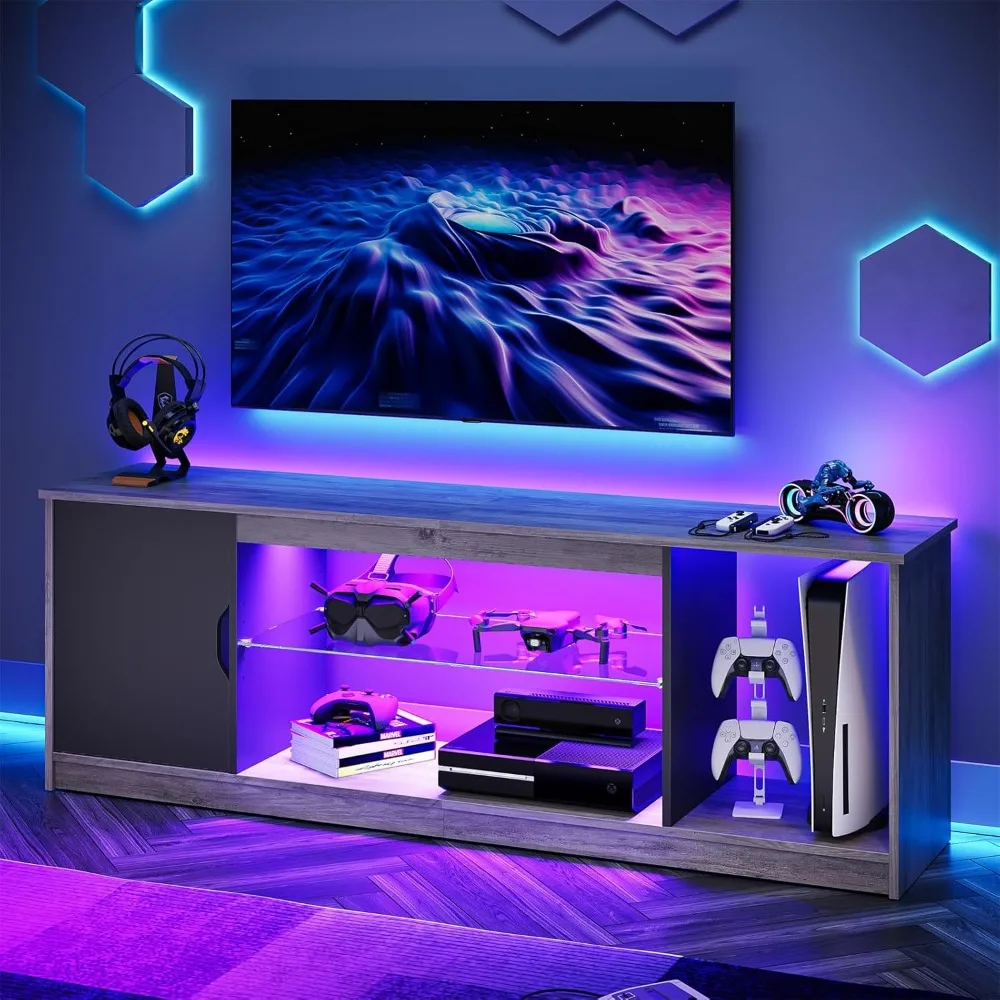 LED TV Stand for 55/60/65 Inch TV, Gaming Entertainment Center with Cabinet for PS5,Xbox, Modern TV Cabinet with Adjustable