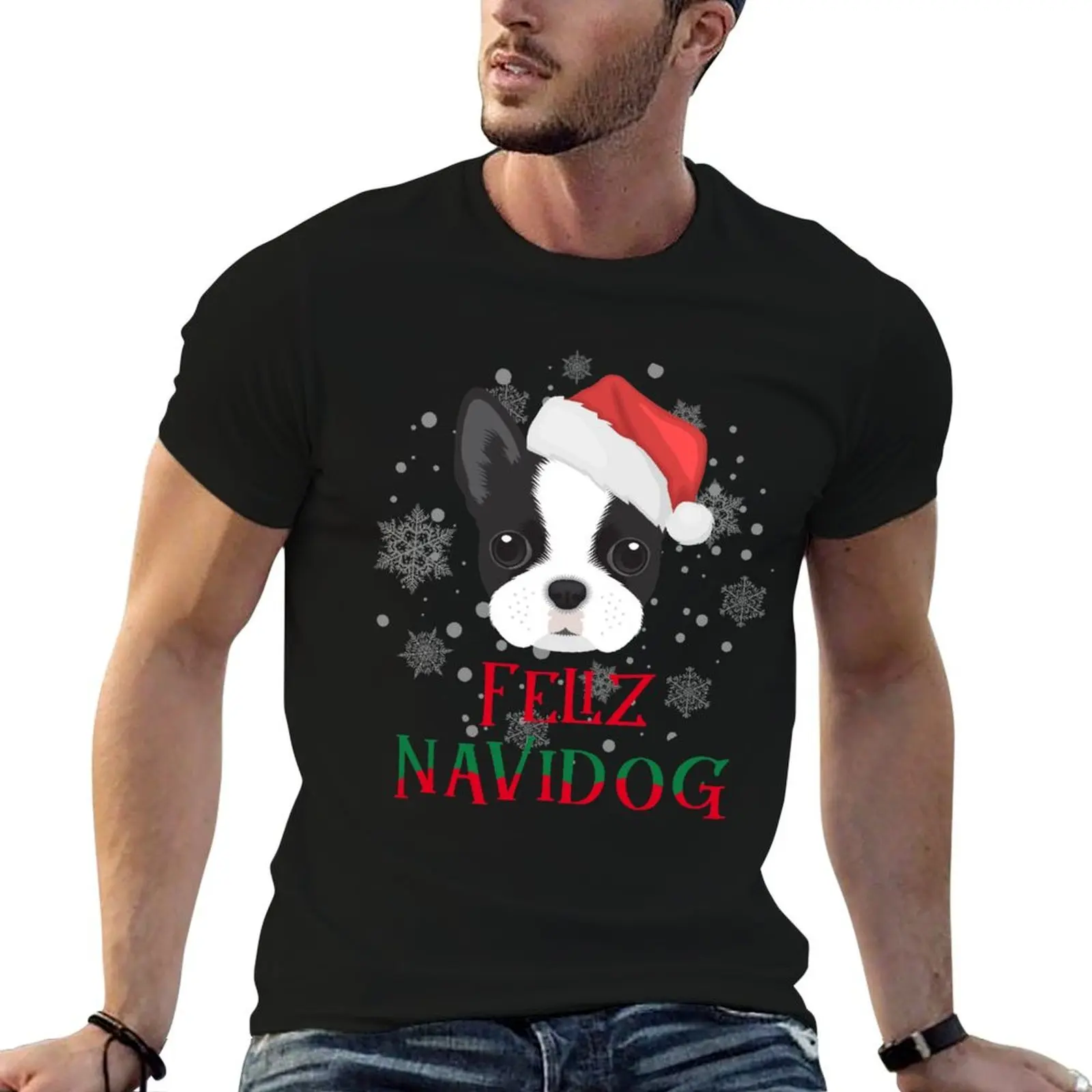 

Boston Terrier Christmas Feliz Navidog T-Shirt blanks hippie clothes mens champion t shirts