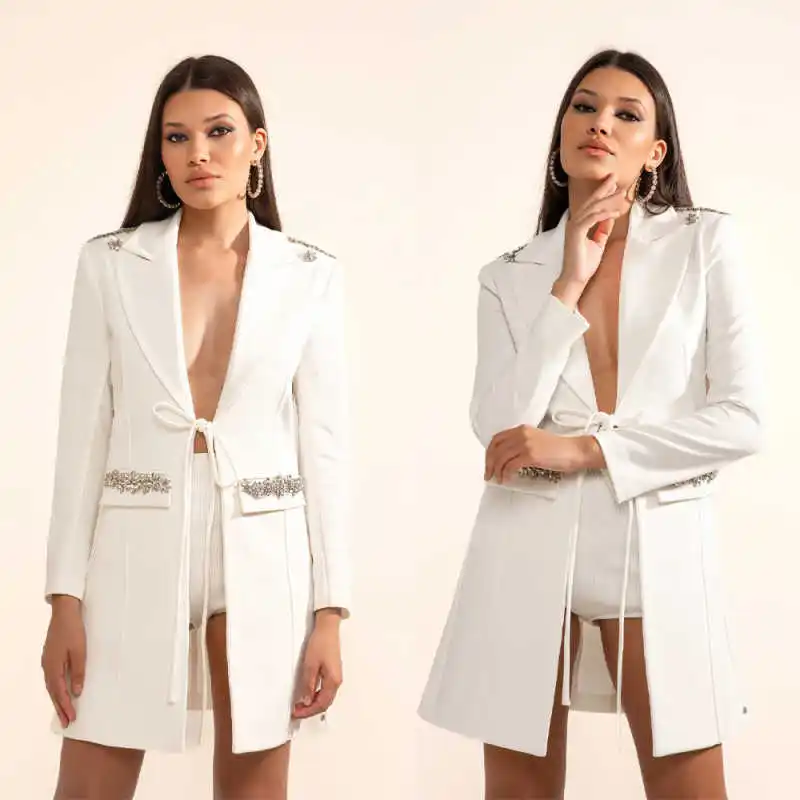 Customized 2 Piece Set Single Breasted Diamond Luxury V Neck Women Suits Simple Beads Notched Lapel Plus Size Women Blazer