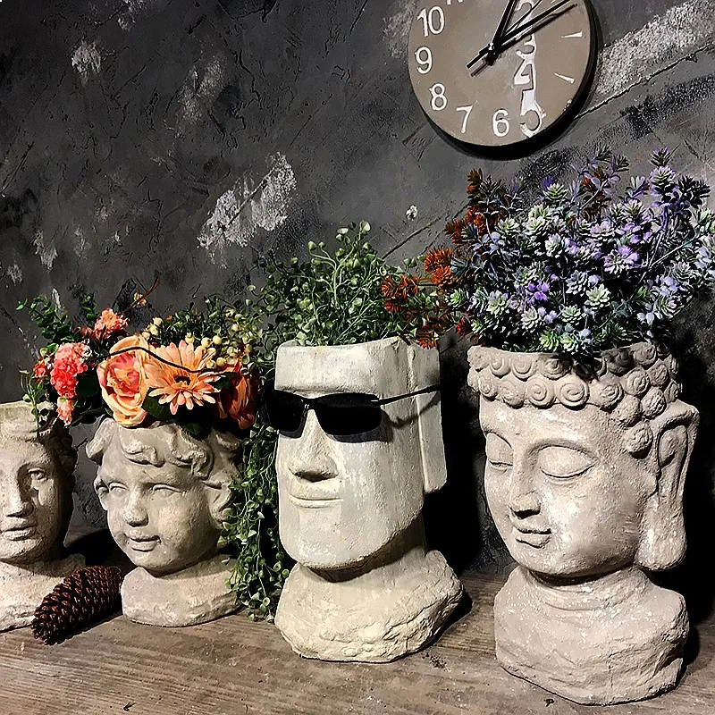 Vintage French Cement Buddha Head Planter Nordic Stone Sculpture Garden Decor