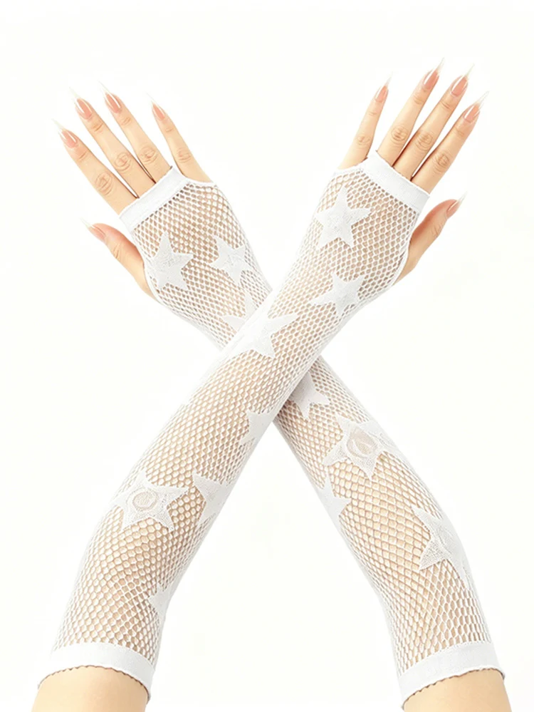Star Fishnet Handschuhe Dunkle Zerrissene Netzärmel Punk Goth Mesh Lange Armstulpen Halbfinger-Accessoires – Detail 8