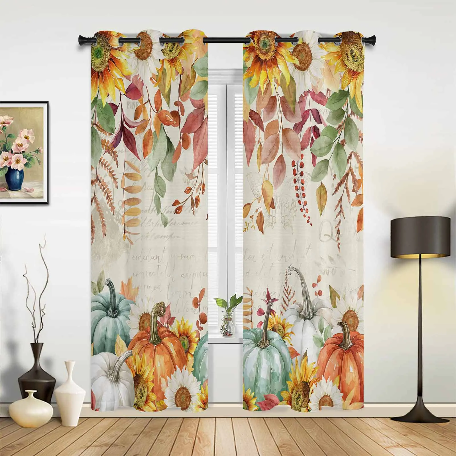 Thanksgiving Sunflower Leaf Plant Flower Pumpkin Curtains for Bedroom Living Room Drapes Kitchen Window Curtain Home Decor