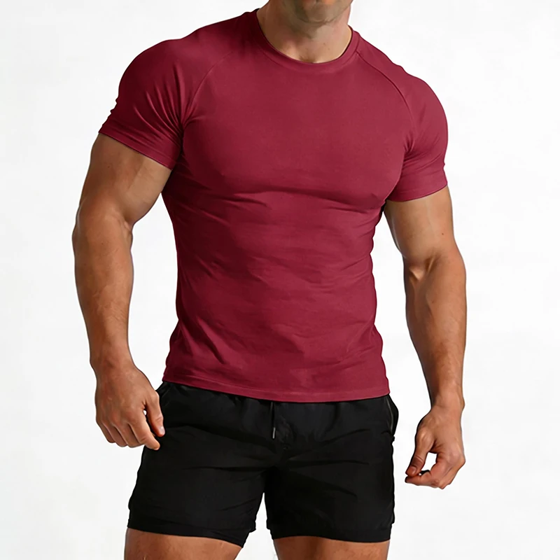 Men Cotton Spandex Short Sleeve T‑Shirt High Elastic Top Athletic Tee For Summer Gym Fitness Workout Casual Daily Wear