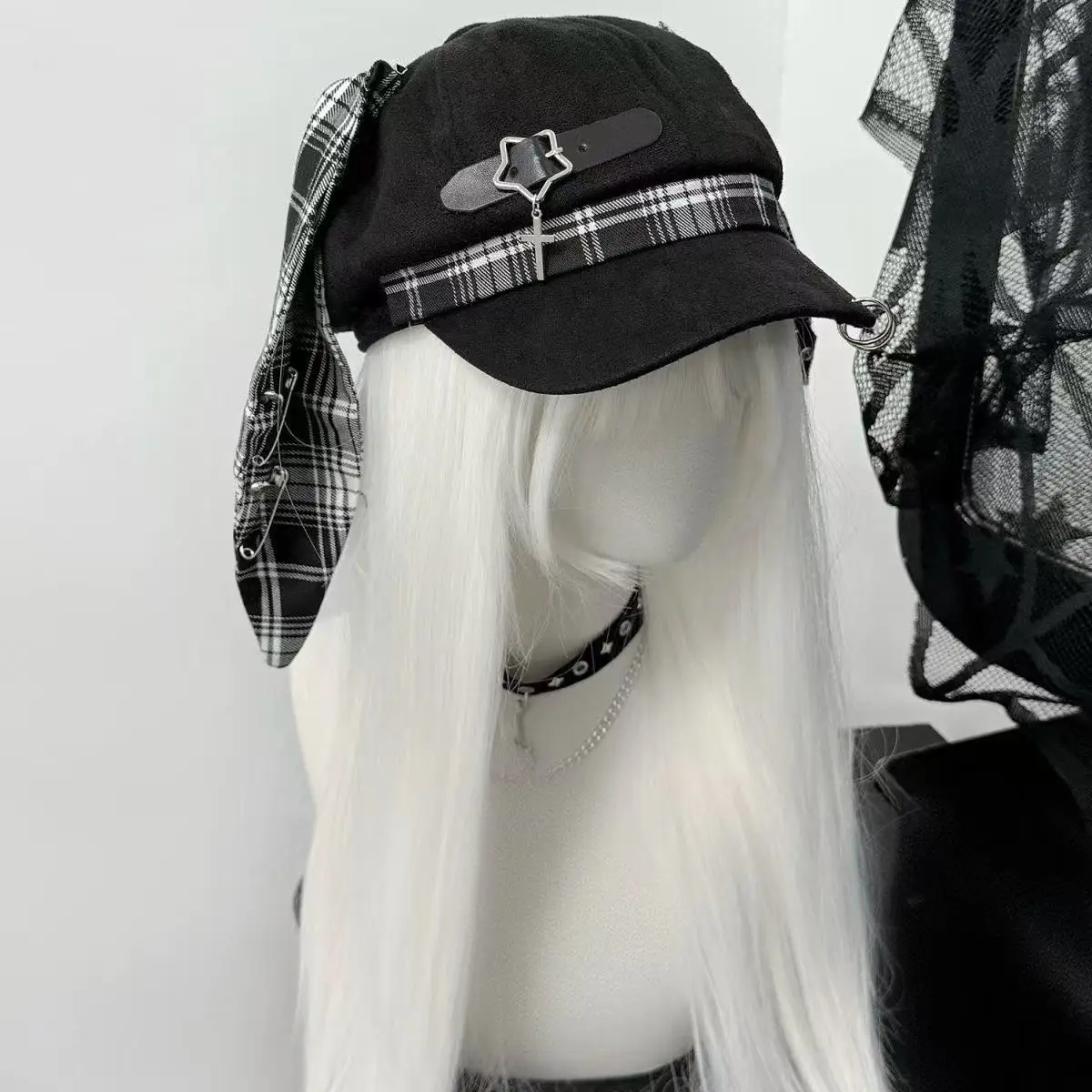 Black Plaid Bunny Ear Newsboy Cap Star Buckle Ring Pin Decor Y2K Alt Punk Beret Hat Harajuku Streetwear for Women Girls and Man