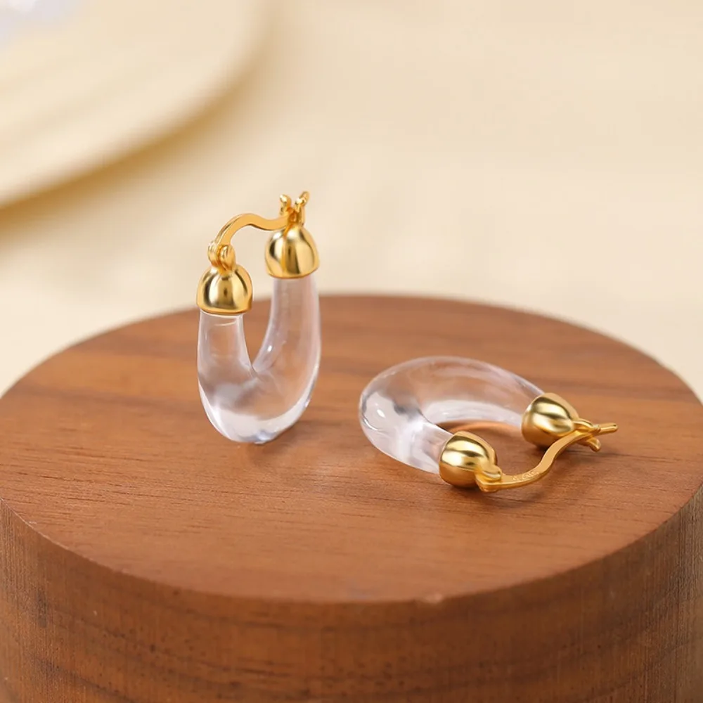 

Natural White Crystal U Shape Hoop Earrings S925 Sterling Silver Plated Gold Curved Bar Clip On Earrings Vintage Birthday Gift
