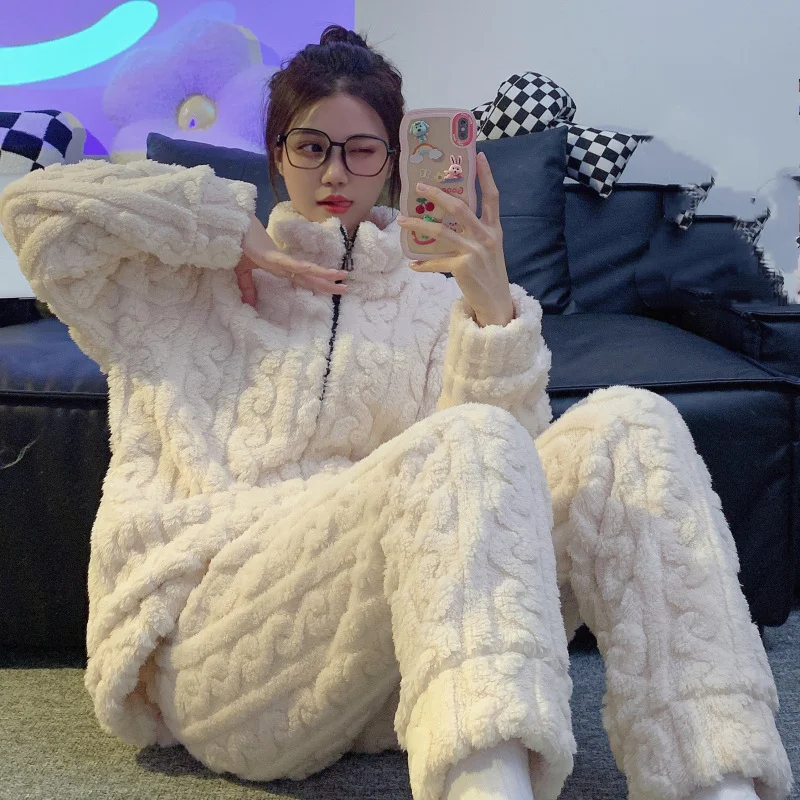 

Женский пижамный комплект больших размеров, женская зимняя теплая толстая одежда из кораллового флиса на молнии, женская одежда для сна, домашняя одежда, одежда для сна