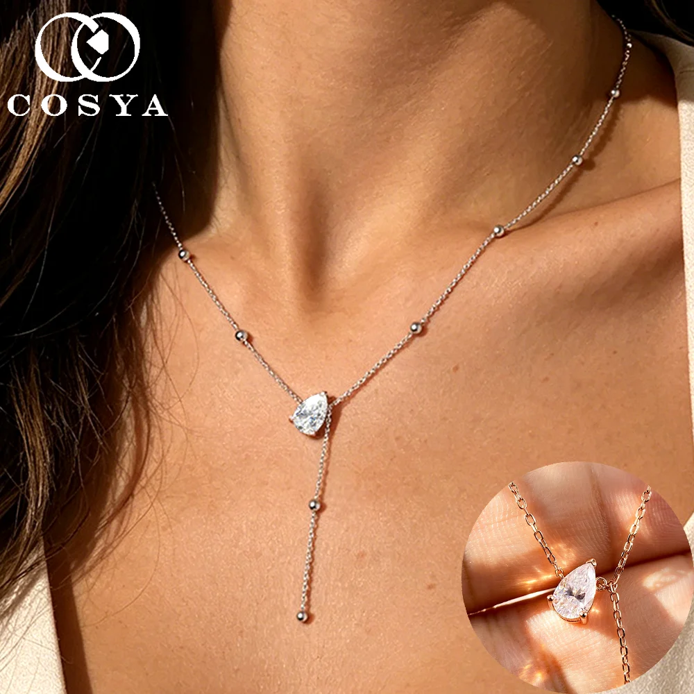 COSYA 1-3CT Pear Cut Moissanite Necklace For Women S925 Silver Plated 18K Gold Waterdrop Diamond Long Tassel Chain Fine Jewelry