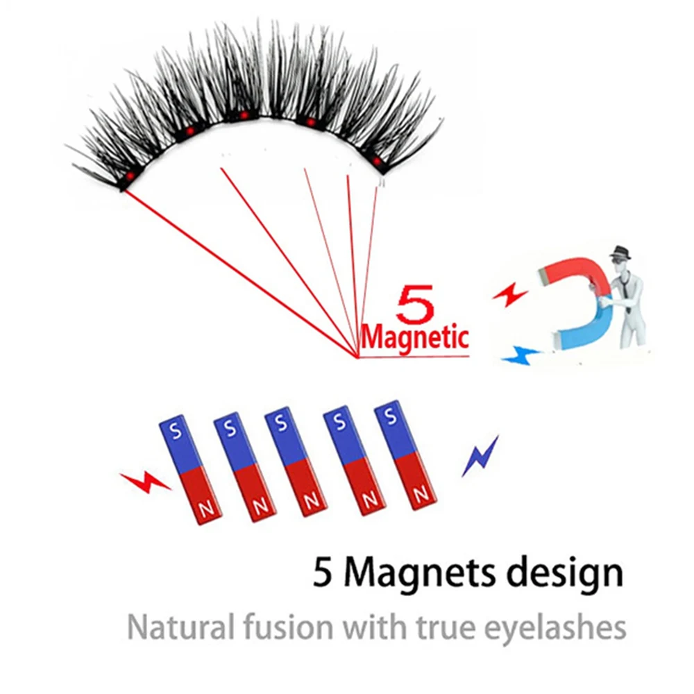 Nowy projekt naturalne długie ręcznie wielokrotnego użytku pięć magnesów rzęsy magnetyczne bez kleju rzęsy z aplikatorem