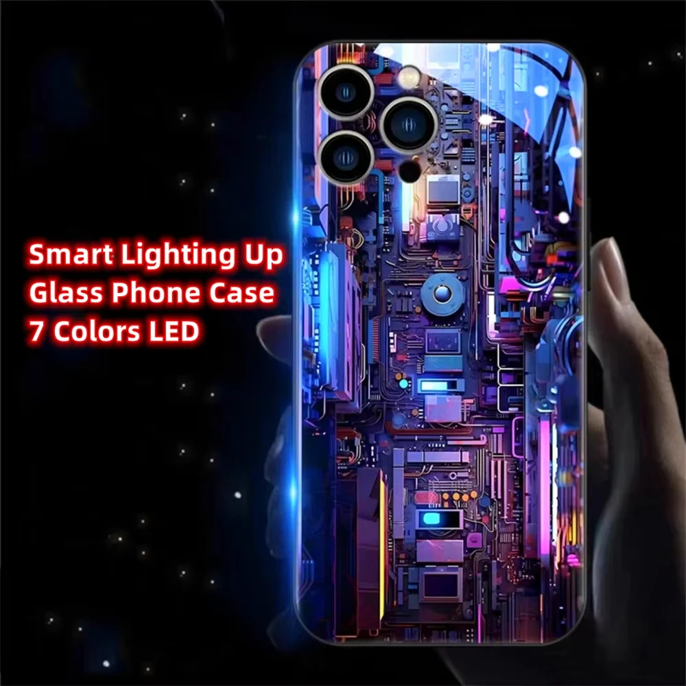 Cyber Circuit World Smart LED Light Glow Tempered Glass Phone Case For iPhone 16 15 14 13 12 11 Pro Max X XR XS Plus 7 8 SE2020