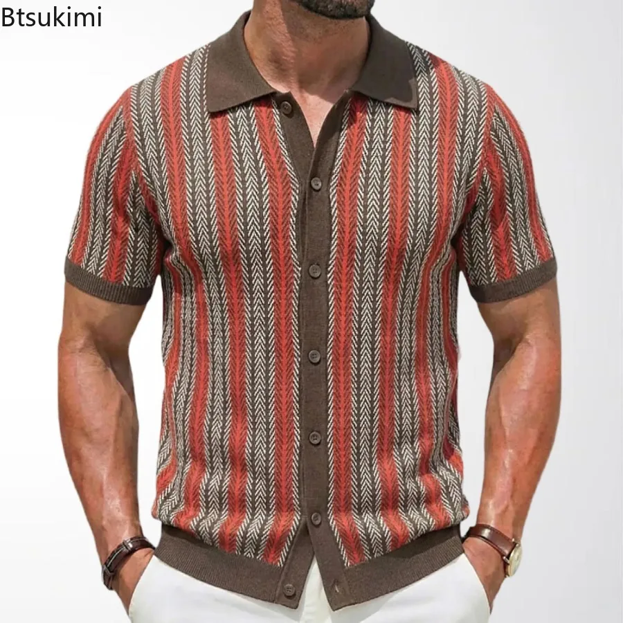 2026 Men's Striped Short Sleeve Knitted Shirts Summer New Comfy Breathable Casual Business Polo Shirts Men Golf Sport Loose Tops