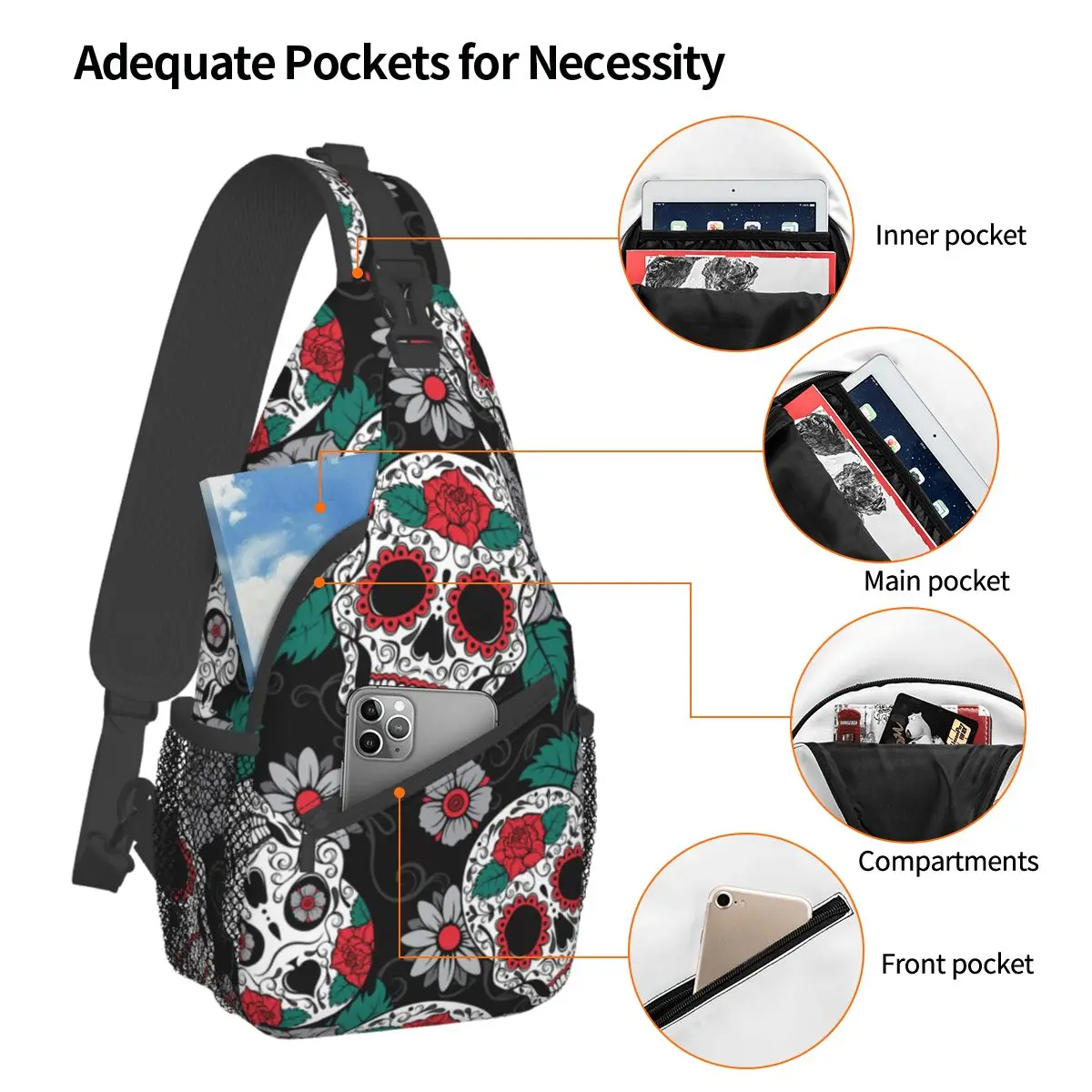 Sugar Skull Day Of The Dead Crossbody Sling Bag Chest Bag Gothic Mexican Halloween Shoulder Backpack Daypack Hiking Cycling Pack