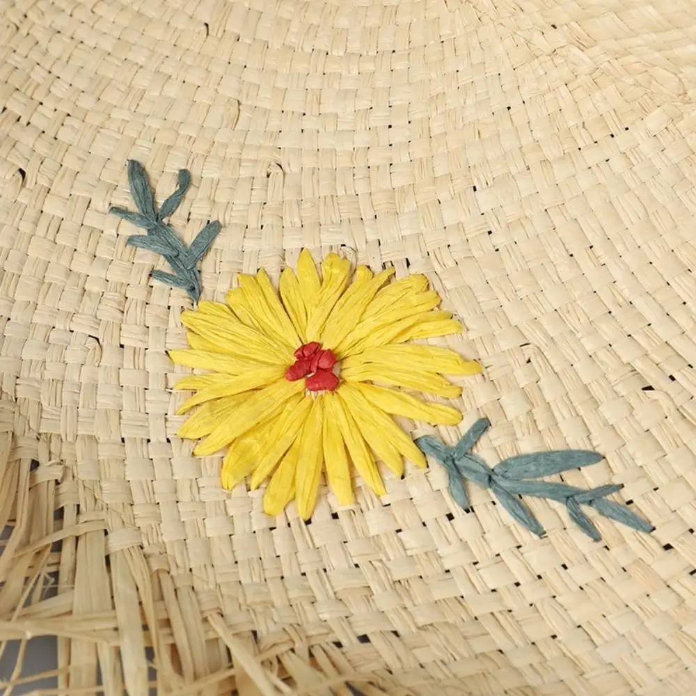 

Повседневная шляпа в стиле бохо из рафии с вышивкой цветов, широкими полями, ажурная, складная, с защитой от УФ-излучения, для путешествий