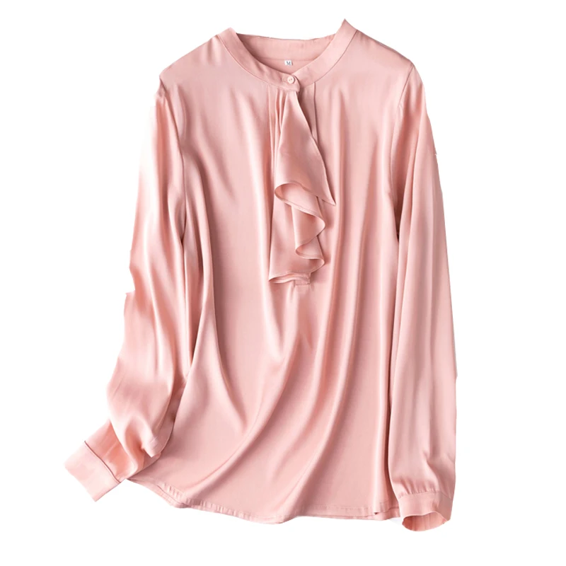 19MM Light Luxury Texture 93% Natural Mulberry Silk Elastic Double Qiao Satin Stand Collar Lotus Leaf Edge Long Sleeve Shirt