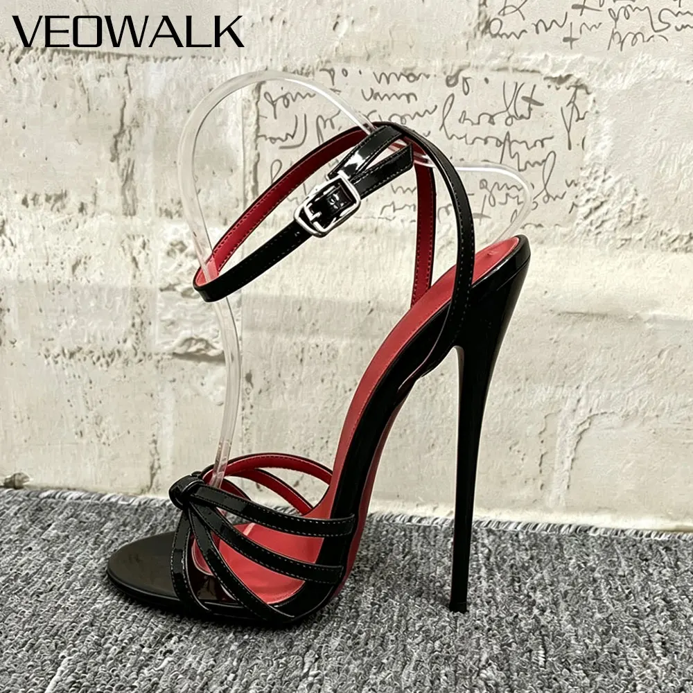Black Open Toe Ankle Strap Sandals 14CM 16CM Ultra Thin Stiletto High Heels Red Insole Bow Nightclub Drag Queen Party Footwear
