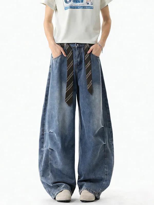 

Spring Loose Wide Leg Men's Vintage Waed Denim Pants Casual Crumpled Long Trousers Straight Blade ape Comfortable Fit Jeans