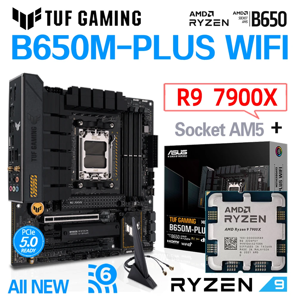 

Socket AM5 Cpu Ryzen 9 7900X Kit AM5 Mainboard DDR5 ASUS TUF GAMING B650M PLUS WIFI 6 USB 4 PCIe 5.0 M.2 SSD AMD B650 Desktop