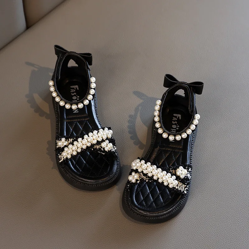 Children Summer New Sandals for Girls Fashion Pearls Beading Soft Platform Kids Casual Open-toe Beach Party Shoes with Bow-knot