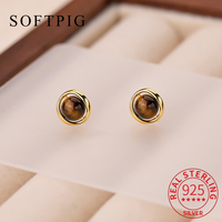 SOFTPIG Real 925 Sterling Silver Tiger‘s Eye Stone Stud Earrings for Women Punk Fine Jewelry Ear Hole Care Geometry Accessories