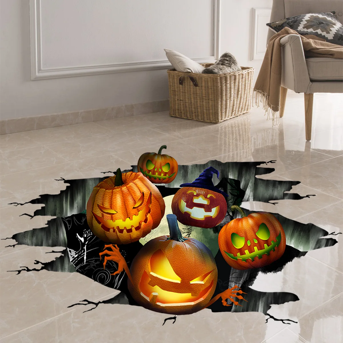 

3D Smashed Halloween Floor Wall Ceiling Stickers Scary Switch Pumpkin Decals Festival Decorative Art Poster Mural Decor