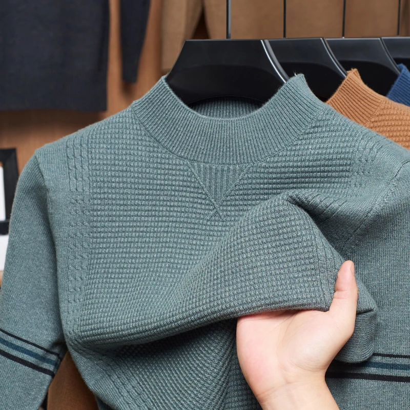 

Luxury Man Waffle Long Sleeves Knit T-Shirt Korean-Style Autumn Winter New Round Neck Pullover Fashion Versatile Men's Clothing