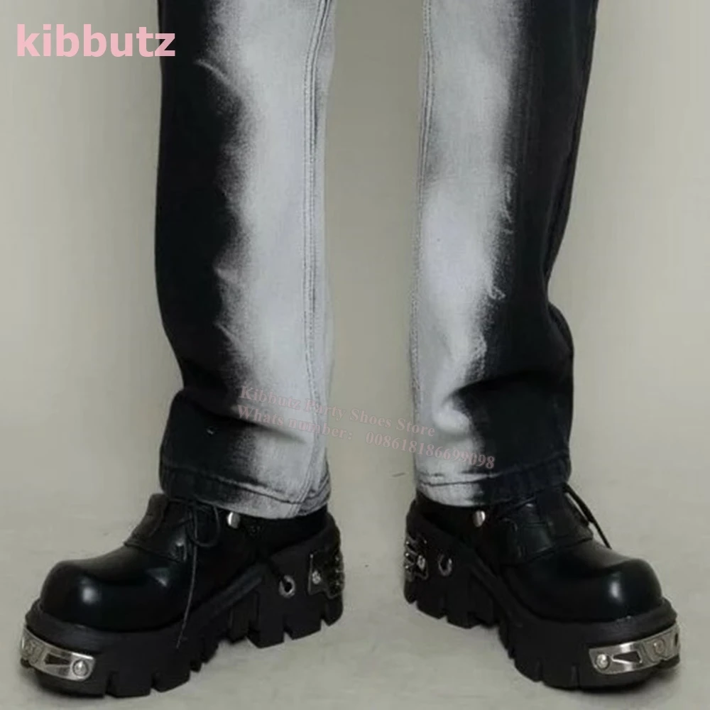 Heavy Metal Punk Pumps Sneaker Rock Y2k Platform Thick Bottom Round Toe Leather Lace-Up Shoes Unisex Dark Style Concise Newest