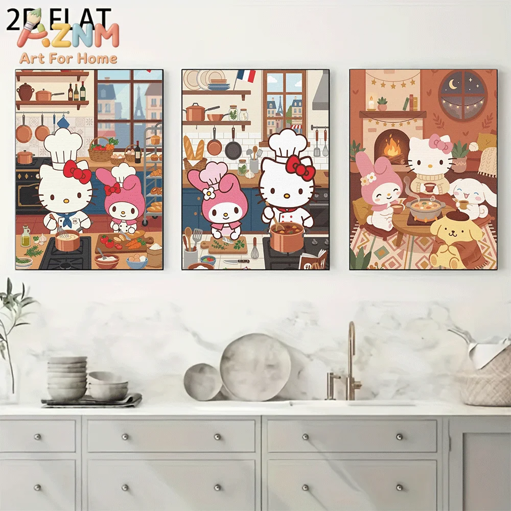 AZNM Sanrio Hello Kitty Friends Chef Cooking Canvas Wall Art Unframed Cute Cartoon Kitchen Baking Warm Home Dinner Scene Paintin
