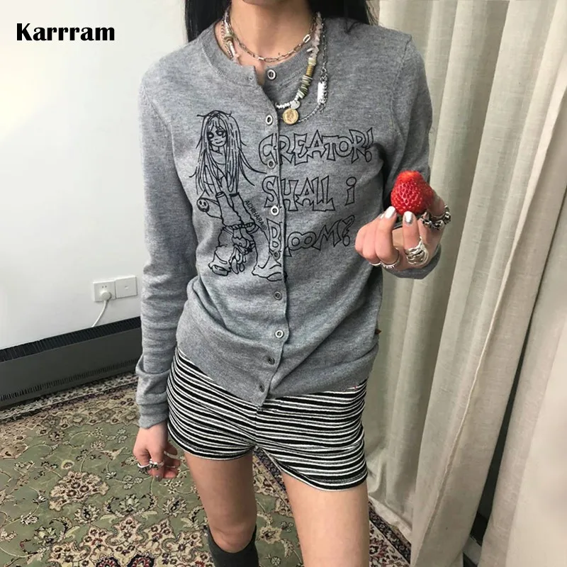 Karrram Japanese Y2k Anime Print Cardigans Vintage Harajuku Knitted Outerwears Korean Style Grey Knitwear American Retro 2000s