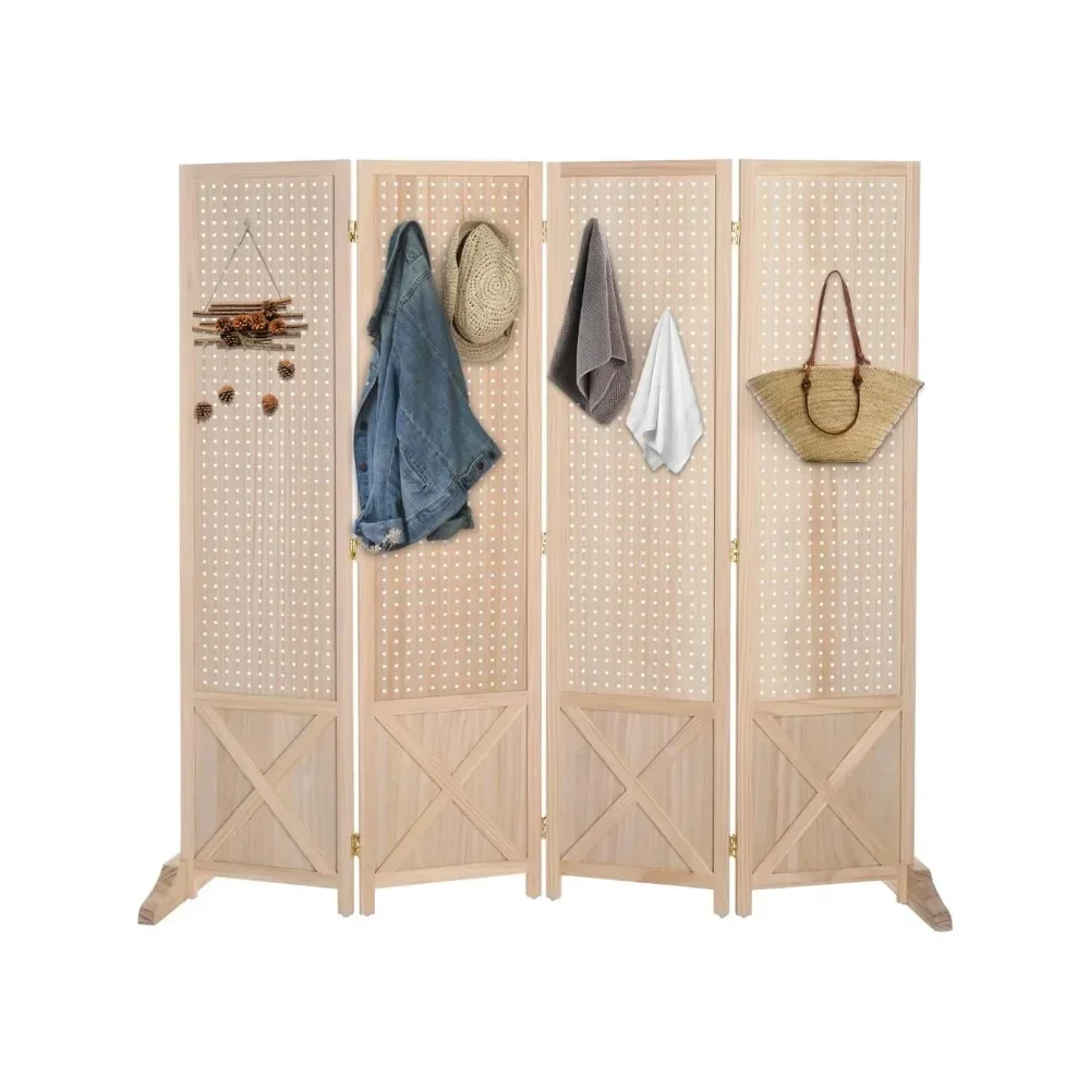 Freestanding Pegboard with Support Feet, 5 FT Wood Room Divider Display Board Organizer, Folding Privacy Screen Partition